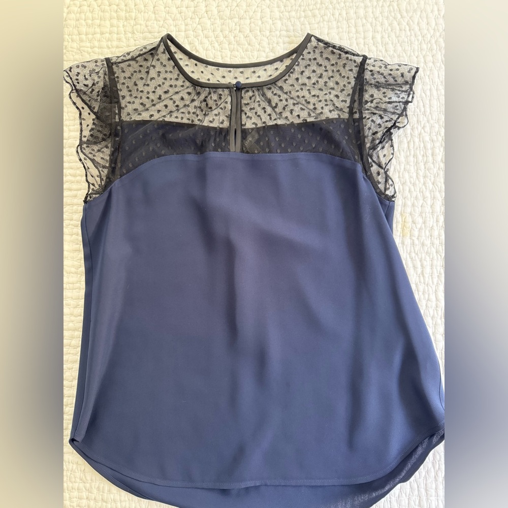 J Crew sleeveless navy bottom with black polka dot mesh upper